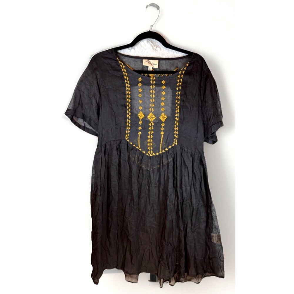 Raven + Lily Black Dress Size Large Floral Embroidery Sheer Lined Cotton Blend